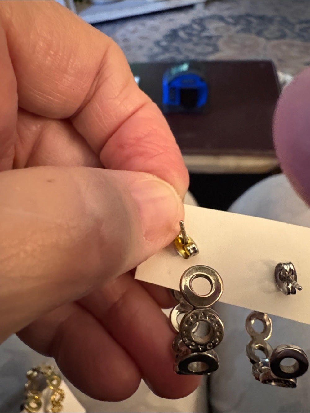 Coach Silver and Gold Logo Hoop Drop Earrings with Crystal Accents - Picture 5 of 5